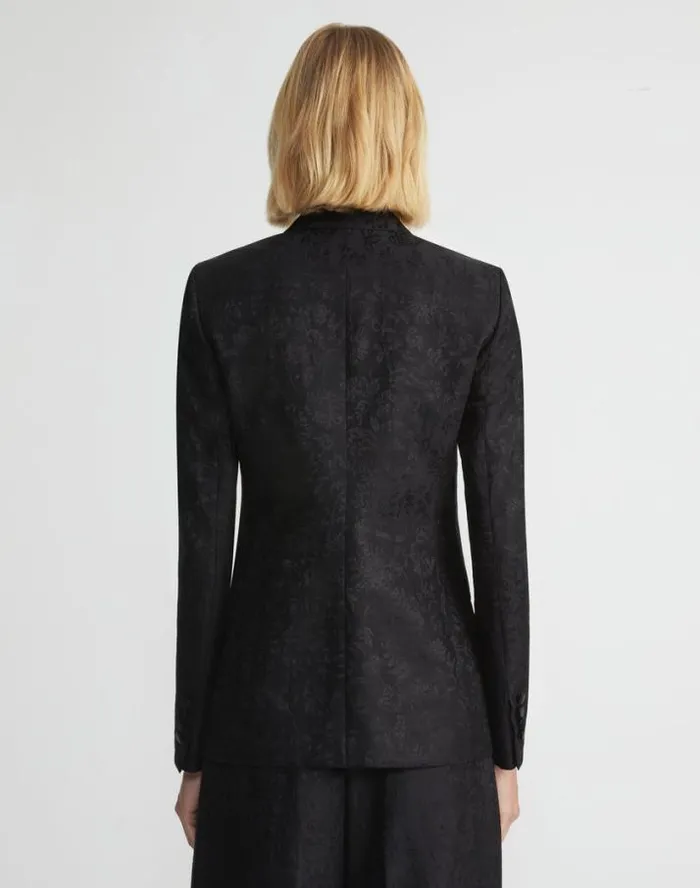 Lafayette 148 New York Flora Bloom Jacquard WoolSilk Satin Lapel Blazer Black Ready To Wear Jackets and Blazers