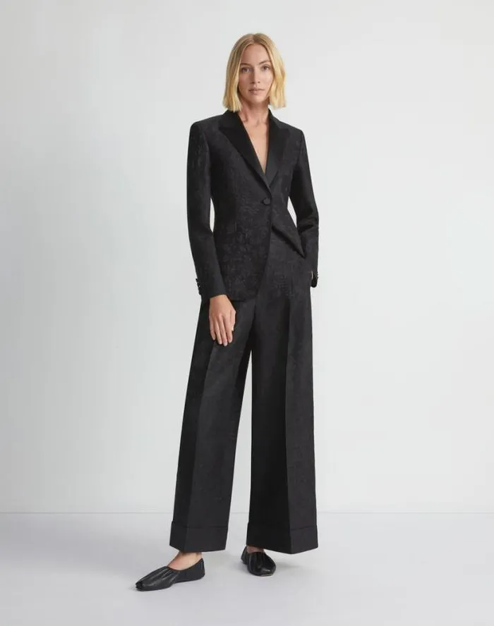 Lafayette 148 New York Flora Bloom Jacquard WoolSilk Satin Lapel Blazer Black Ready To Wear Jackets and Blazers