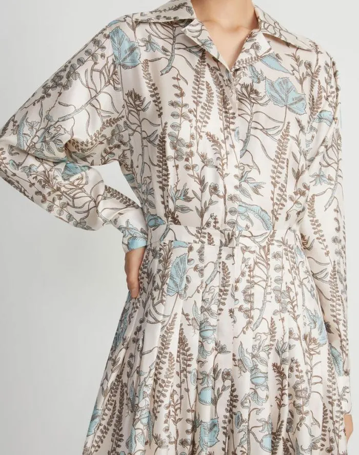 Lafayette 148 New York Flora Trail Print Silk Twill Pleated Shirtdress Pampas Plume Multi Ready To Wear Dresses