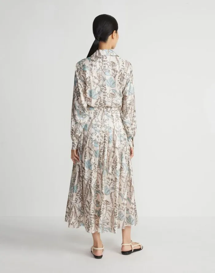 Lafayette 148 New York Flora Trail Print Silk Twill Pleated Shirtdress Pampas Plume Multi Ready To Wear Dresses