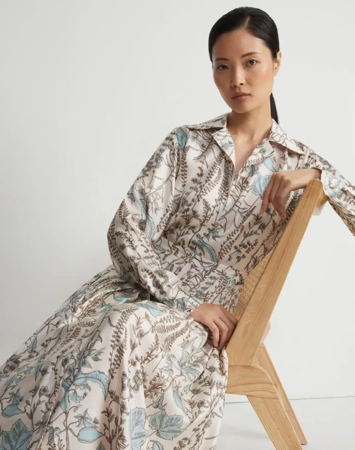 Lafayette 148 New York Flora Trail Print Silk Twill Pleated Shirtdress Pampas Plume Multi Ready To Wear Dresses