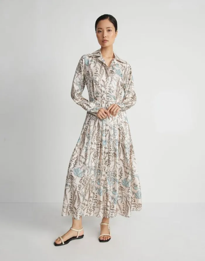 Lafayette 148 New York Flora Trail Print Silk Twill Pleated Shirtdress Pampas Plume Multi Ready To Wear Dresses