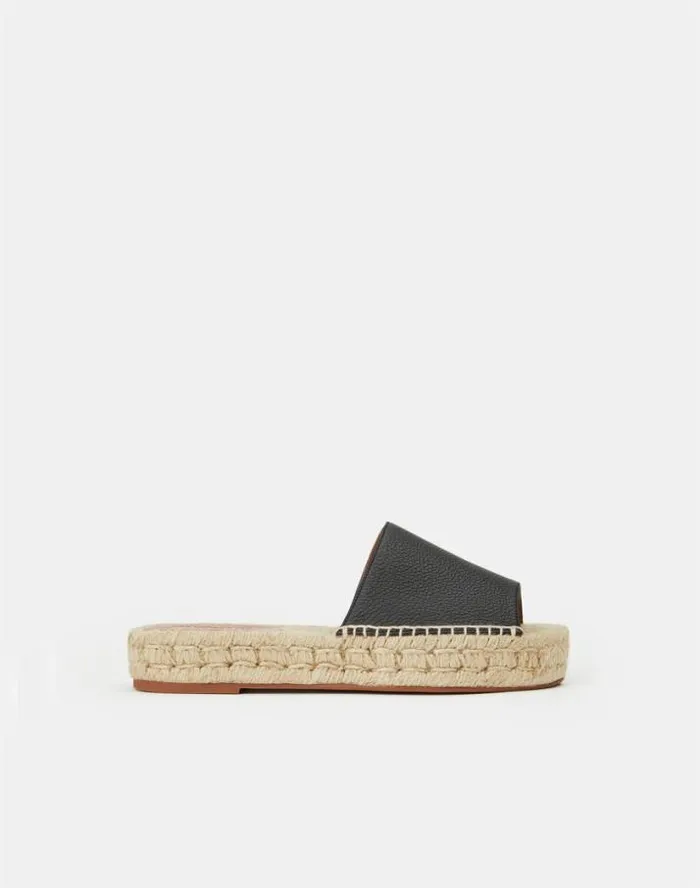 Lafayette 148 New York Grained Calfskin Leather Espadrille Slide Black Shoes Sandals