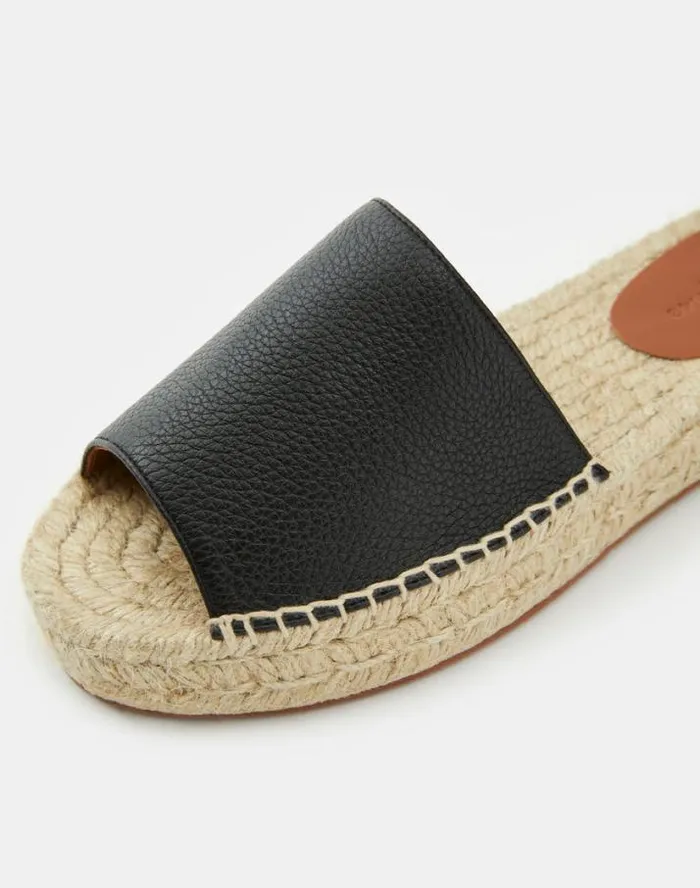 Lafayette 148 New York Grained Calfskin Leather Espadrille Slide Black Shoes Sandals