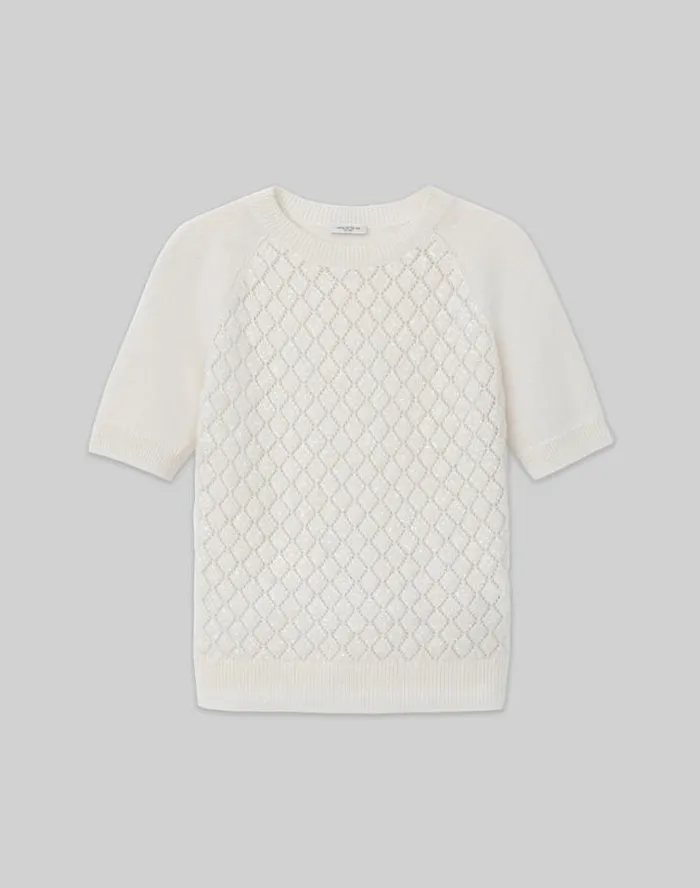 Lafayette 148 New York HandEmbellished Cashmere Lace Stitch Short Sleeve Sweater Cloud Ready To Wear Sweaters and Knits Lafayette 148 New York HandEmbellished Cashmere Lace Stitch Short Sleeve Sweater Cloud Ready To Wear Sweaters and Knits
