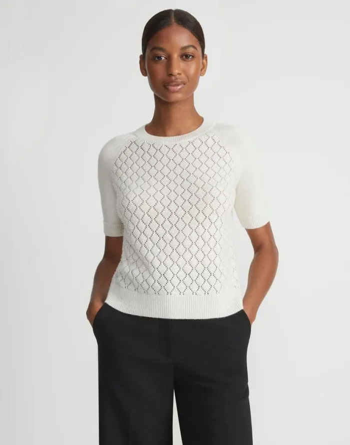 Lafayette 148 New York HandEmbellished Cashmere Lace Stitch Short Sleeve Sweater Cloud Ready To Wear Sweaters and Knits