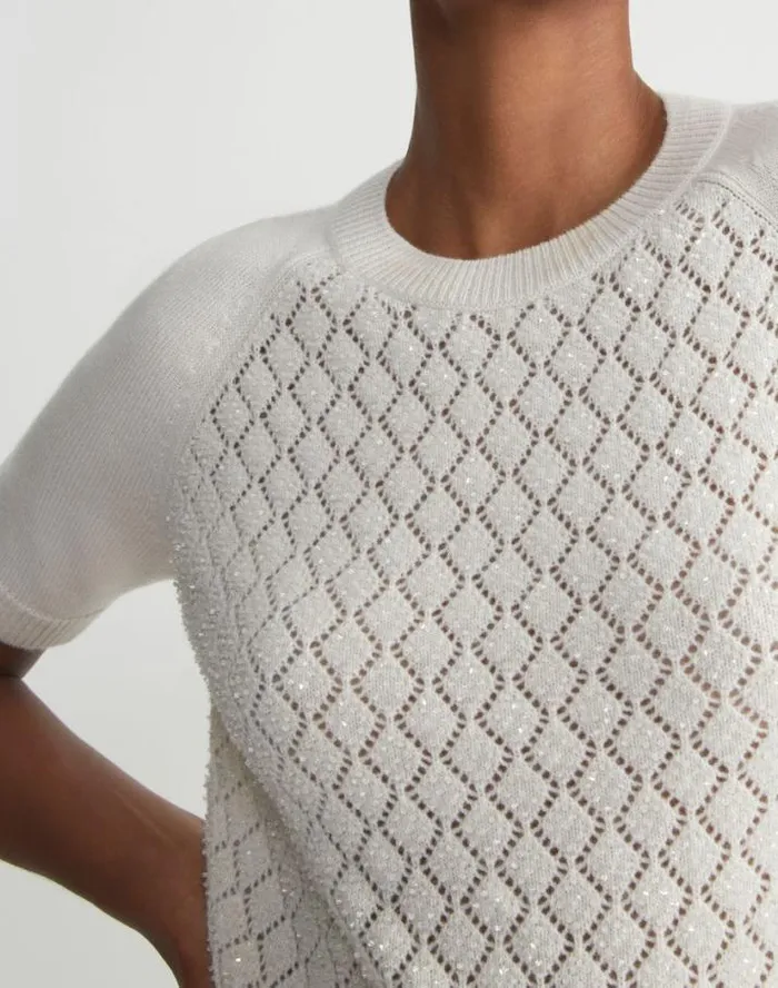 Lafayette 148 New York HandEmbellished Cashmere Lace Stitch Short Sleeve Sweater Cloud Ready To Wear Sweaters and Knits