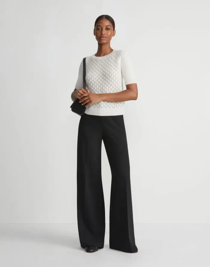 Lafayette 148 New York HandEmbellished Cashmere Lace Stitch Short Sleeve Sweater Cloud Ready To Wear Sweaters and Knits