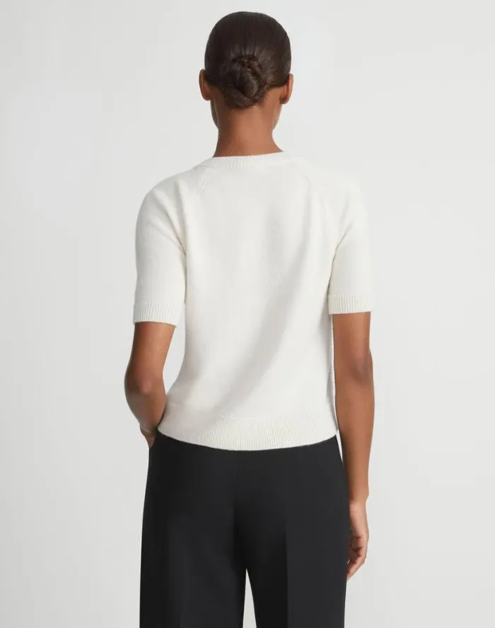 Lafayette 148 New York HandEmbellished Cashmere Lace Stitch Short Sleeve Sweater Cloud Ready To Wear Sweaters and Knits