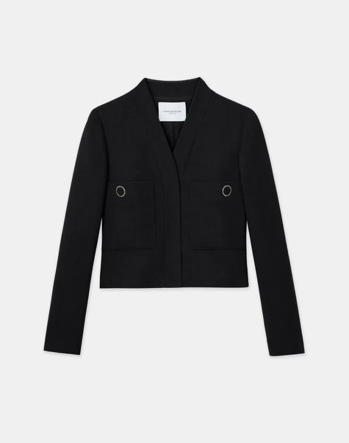 Lafayette 148 New York Responsible Wool Nouveau Crepe Collarless Jacket Black Ready To Wear Jackets and Blazers Lafayette 148 New York Responsible Wool Nouveau Crepe Collarless Jacket Black Ready To Wear Jackets and Blazers