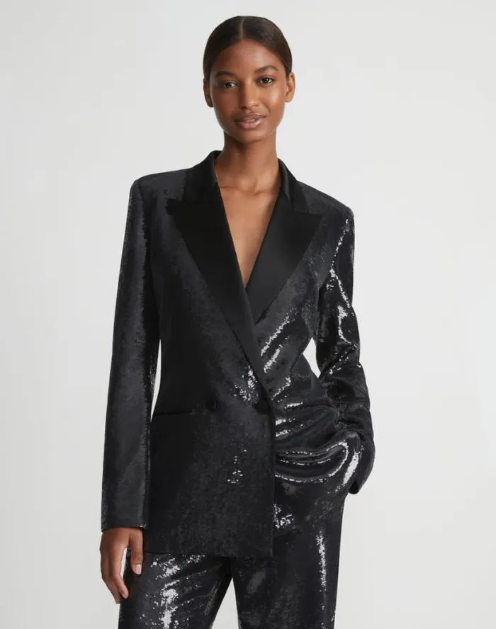 Lafayette 148 New York Sequin Chiffon Double Breasted Blazer Black Ready To Wear Jackets and Blazers
