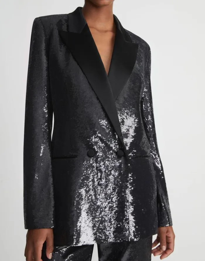 Lafayette 148 New York Sequin Chiffon Double Breasted Blazer Black Ready To Wear Jackets and Blazers