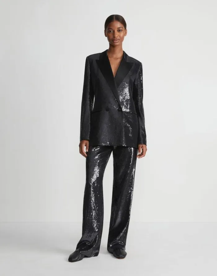 Lafayette 148 New York Sequin Chiffon Double Breasted Blazer Black Ready To Wear Jackets and Blazers