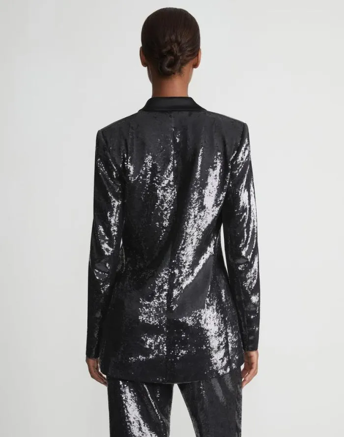 Lafayette 148 New York Sequin Chiffon Double Breasted Blazer Black Ready To Wear Jackets and Blazers