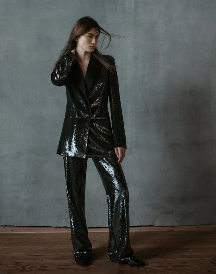 Lafayette 148 New York Sequin Chiffon Double Breasted Blazer Black Ready To Wear Jackets and Blazers