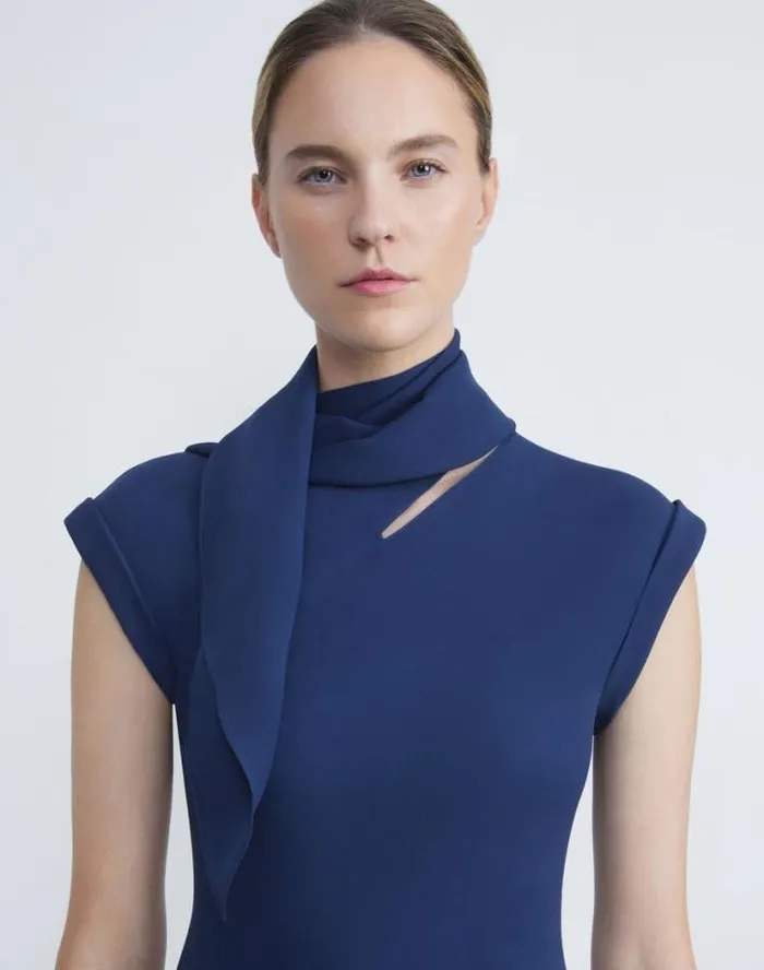 Lafayette 148 New York Silk Georgette Bias Scarf Gown Midnight Blue Ready To Wear Dresses