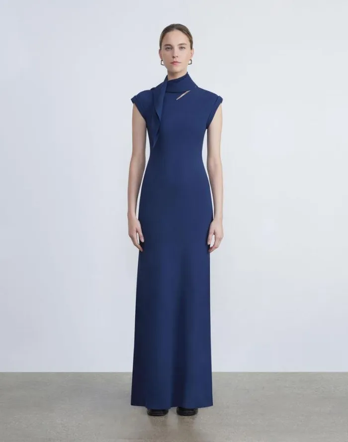 Lafayette 148 New York Silk Georgette Bias Scarf Gown Midnight Blue Ready To Wear Dresses