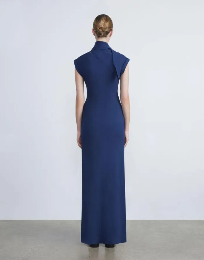 Lafayette 148 New York Silk Georgette Bias Scarf Gown Midnight Blue Ready To Wear Dresses