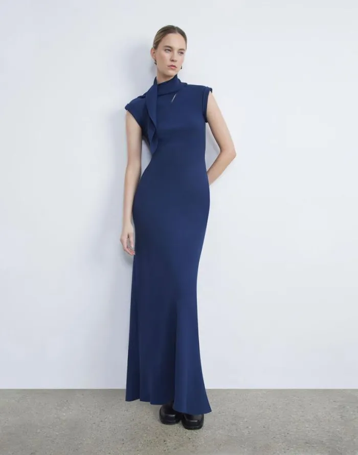 Lafayette 148 New York Silk Georgette Bias Scarf Gown Midnight Blue Ready To Wear Dresses