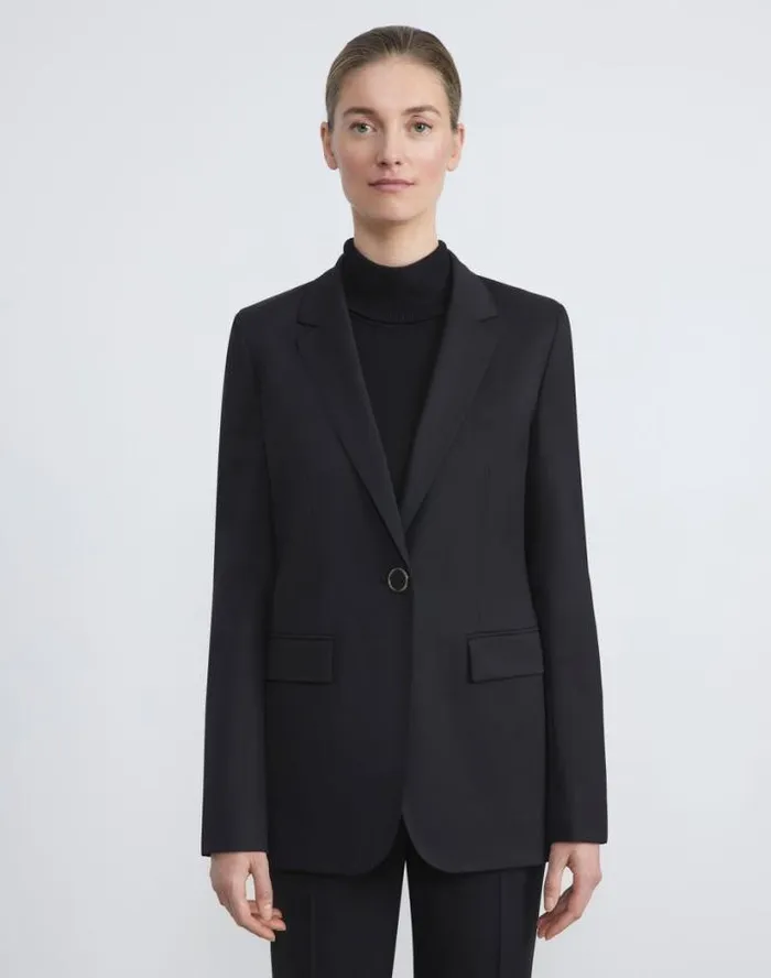 Lafayette 148 New York Stretch Virgin Wool Single Button Blazer Black Ready To Wear Jackets and Blazers