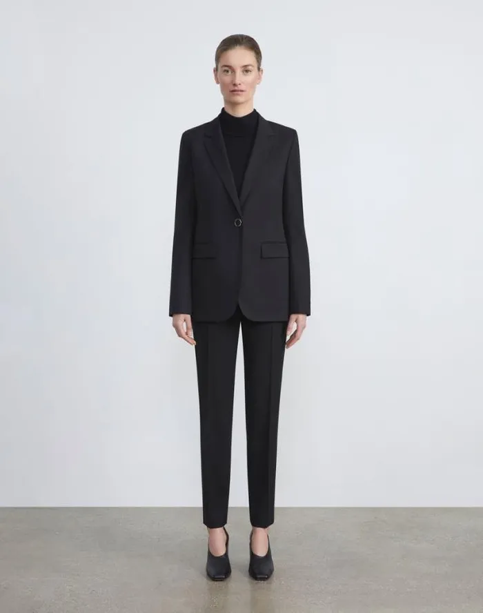 Lafayette 148 New York Stretch Virgin Wool Single Button Blazer Black Ready To Wear Jackets and Blazers