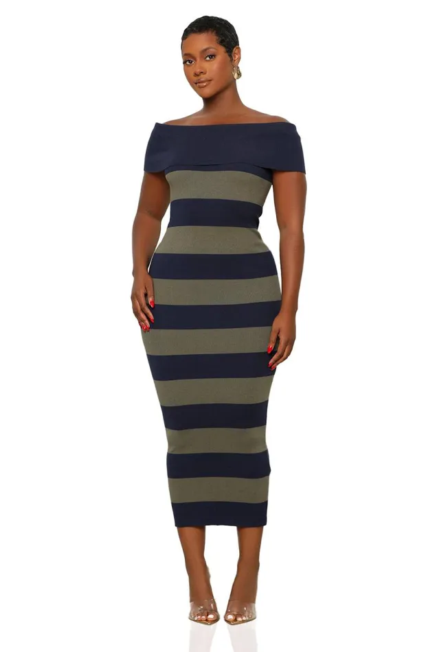Lilly039s Kloset Dresses Women Fall In Love Stripe Off The Shoulder Dress OliveNavy