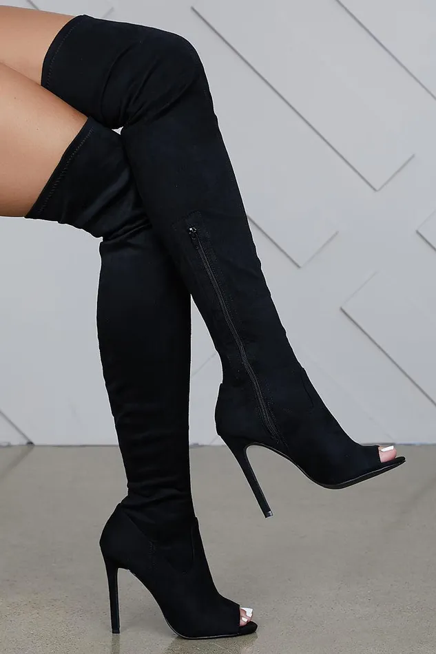 Lilly039s Kloset Heels Women Lori Thigh High Peep Toe Boot Chestnut FINAL SALE