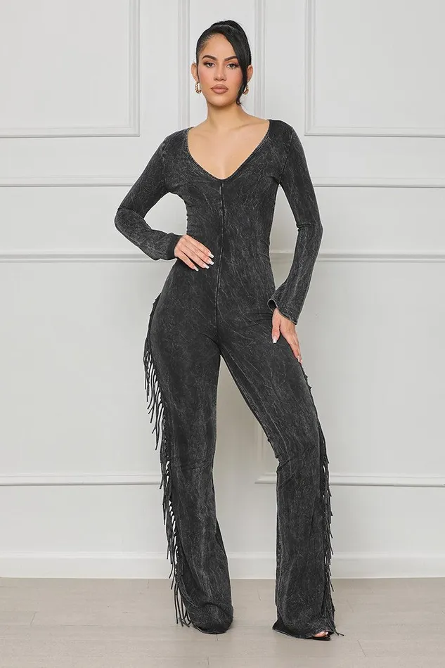 Lilly039s Kloset Jumpsuits and Rompers Women Houston Girl Fringe Jumpsuit Black Acid Wash