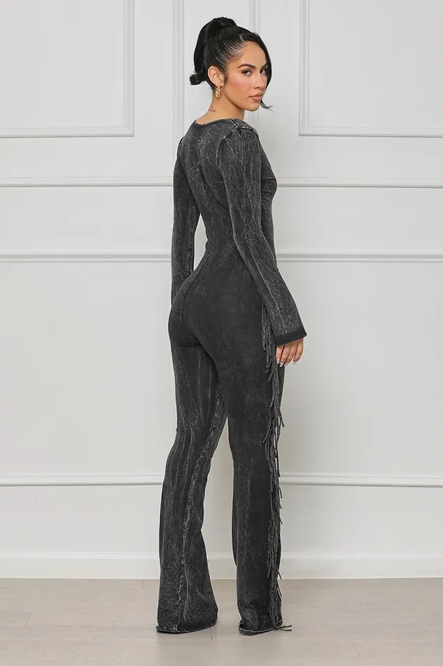 Lilly039s Kloset Jumpsuits and Rompers Women Houston Girl Fringe Jumpsuit Black Acid Wash
