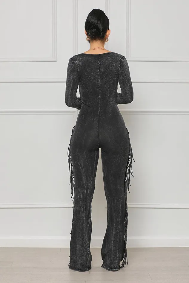 Lilly039s Kloset Jumpsuits and Rompers Women Houston Girl Fringe Jumpsuit Black Acid Wash
