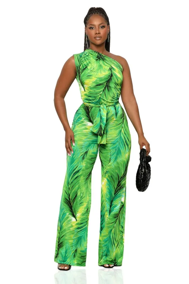 Lilly039s Kloset Jumpsuits and Rompers Women One Shoulder Palm Print Jumpsuit GreenFINAL SALE