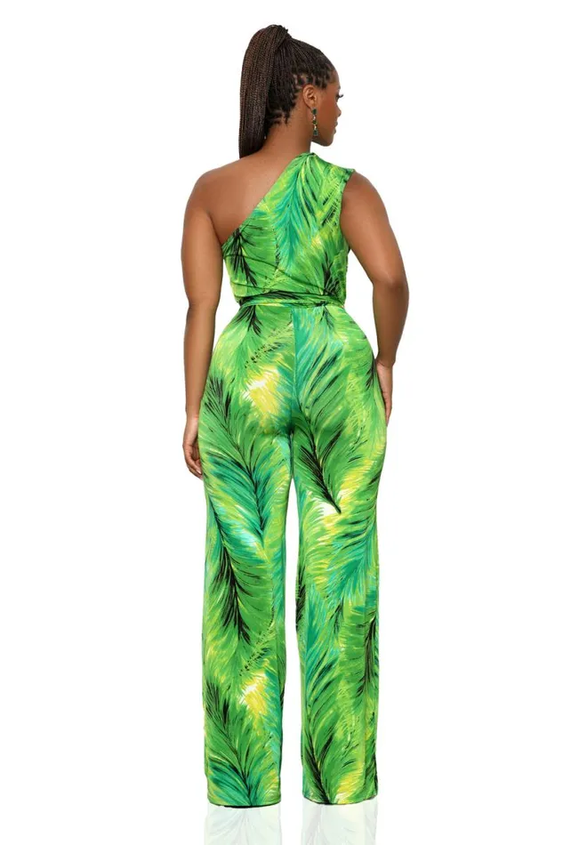Lilly039s Kloset Jumpsuits and Rompers Women One Shoulder Palm Print Jumpsuit GreenFINAL SALE