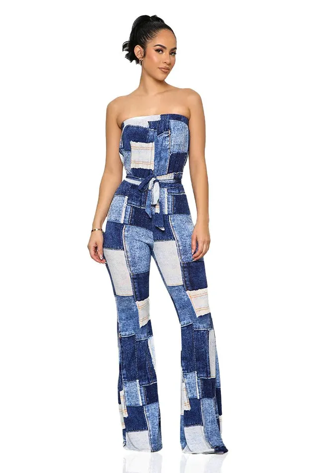 Lilly039s Kloset Jumpsuits and Rompers Women Patchwork Denim Print Sleeveless Jumpsuit Blue MultiFINAL SALE