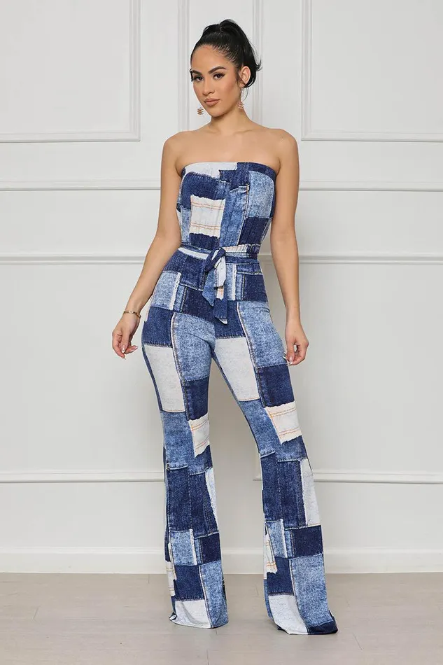 Lilly039s Kloset Jumpsuits and Rompers Women Patchwork Denim Print Sleeveless Jumpsuit Blue MultiFINAL SALE