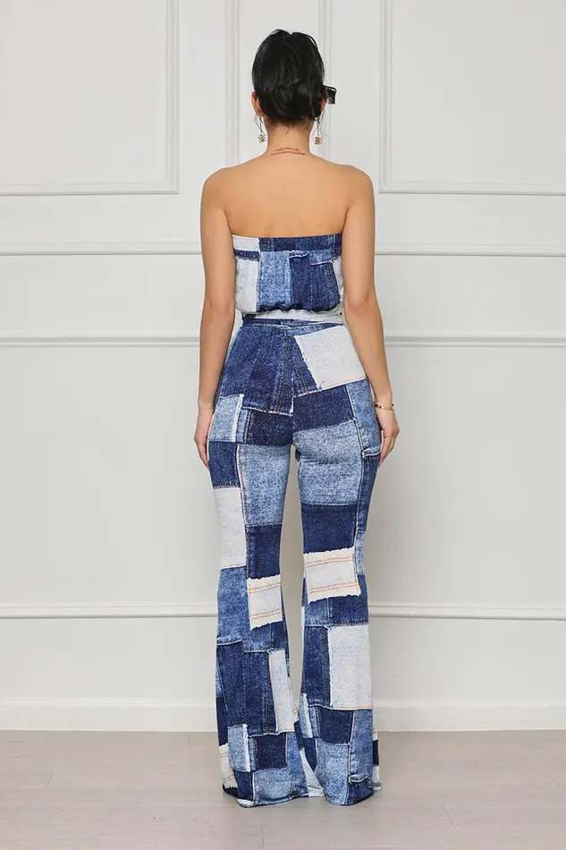 Lilly039s Kloset Jumpsuits and Rompers Women Patchwork Denim Print Sleeveless Jumpsuit Blue MultiFINAL SALE