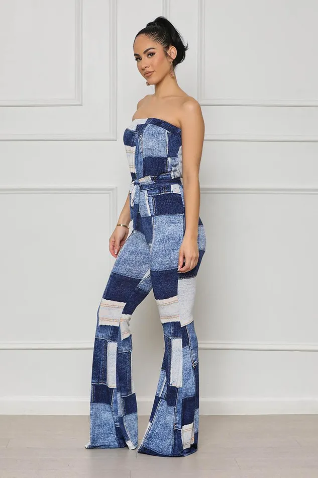 Lilly039s Kloset Jumpsuits and Rompers Women Patchwork Denim Print Sleeveless Jumpsuit Blue MultiFINAL SALE