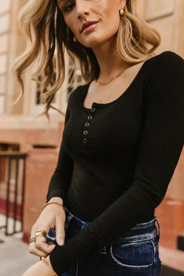 Lindon Ribbed Bodysuit In Black Black Women Bohme Tees and Tanks