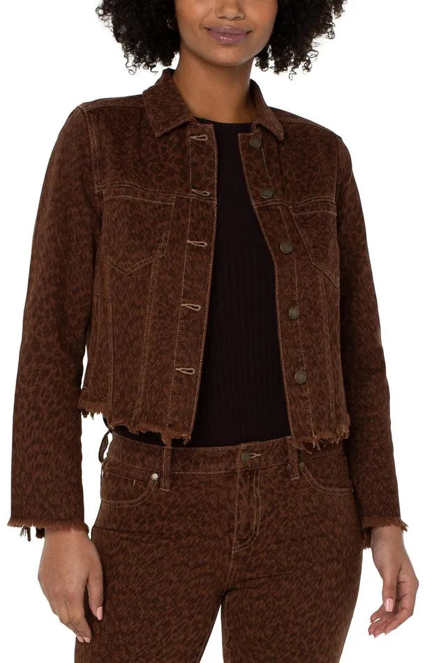 Liverpool Los Angeles PRINTED CROPPED JACKET WITH FRAY HEM Abstract Cheetah Women JEAN JACKETS