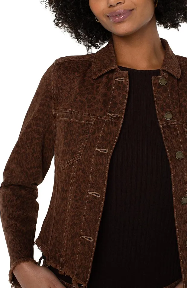 Liverpool Los Angeles PRINTED CROPPED JACKET WITH FRAY HEM Abstract Cheetah Women JEAN JACKETS
