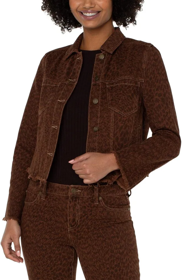 Liverpool Los Angeles PRINTED CROPPED JACKET WITH FRAY HEM Abstract Cheetah Women JEAN JACKETS
