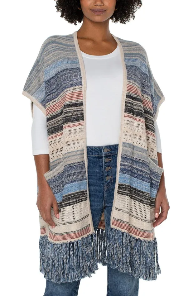 Liverpool Los Angeles SLEEVELESS CARDIGAN SWEATER WTIH FRINGE Blue Multi Women SWEATERS