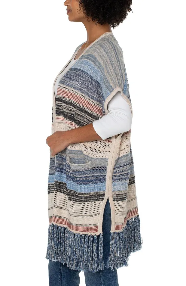 Liverpool Los Angeles SLEEVELESS CARDIGAN SWEATER WTIH FRINGE Blue Multi Women SWEATERS