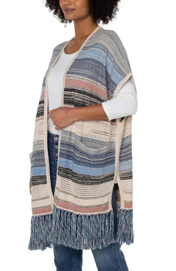 Liverpool Los Angeles SLEEVELESS CARDIGAN SWEATER WTIH FRINGE Blue Multi Women SWEATERS