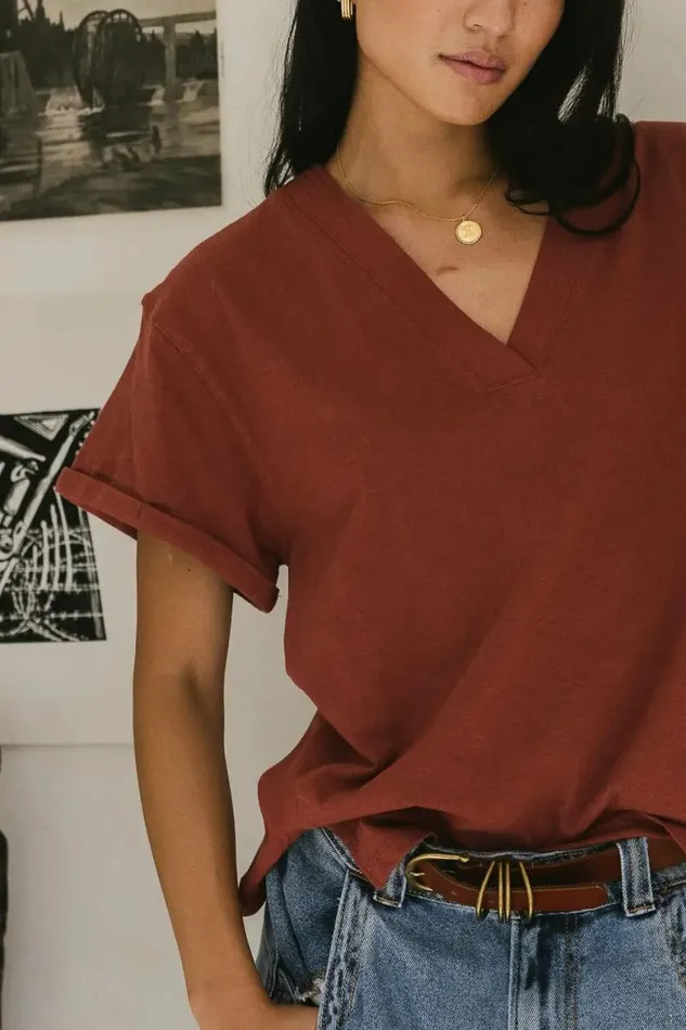 Logan Contrast Top In Brick Brick Women Bohme Tees and Tanks