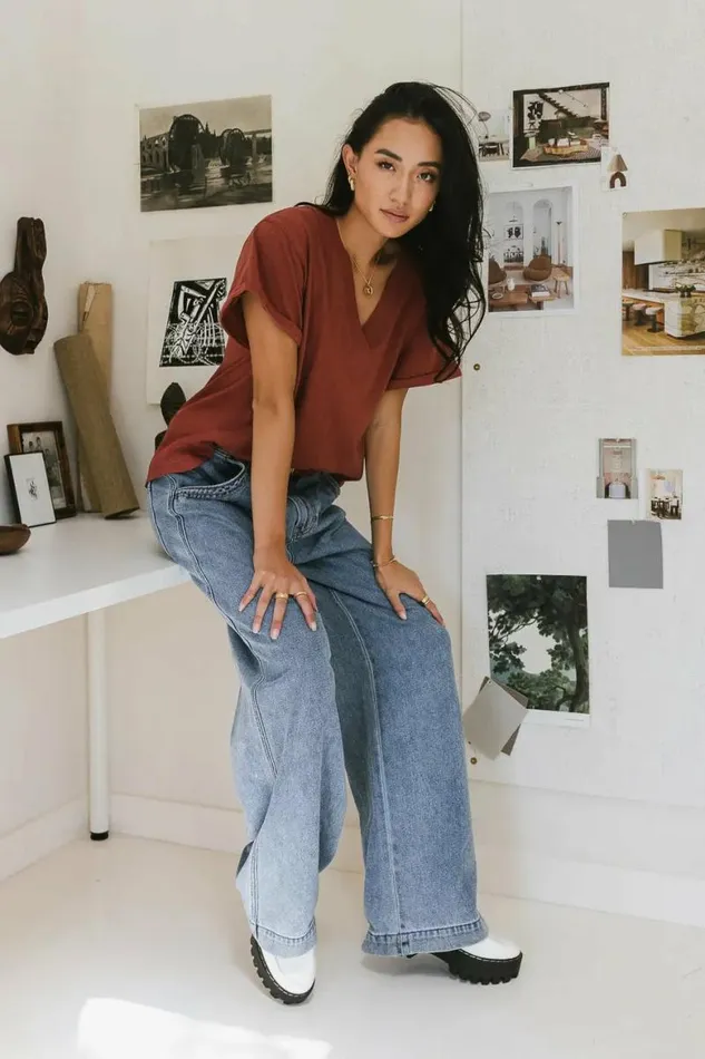 Logan Contrast Top In Brick Brick Women Bohme Tees and Tanks