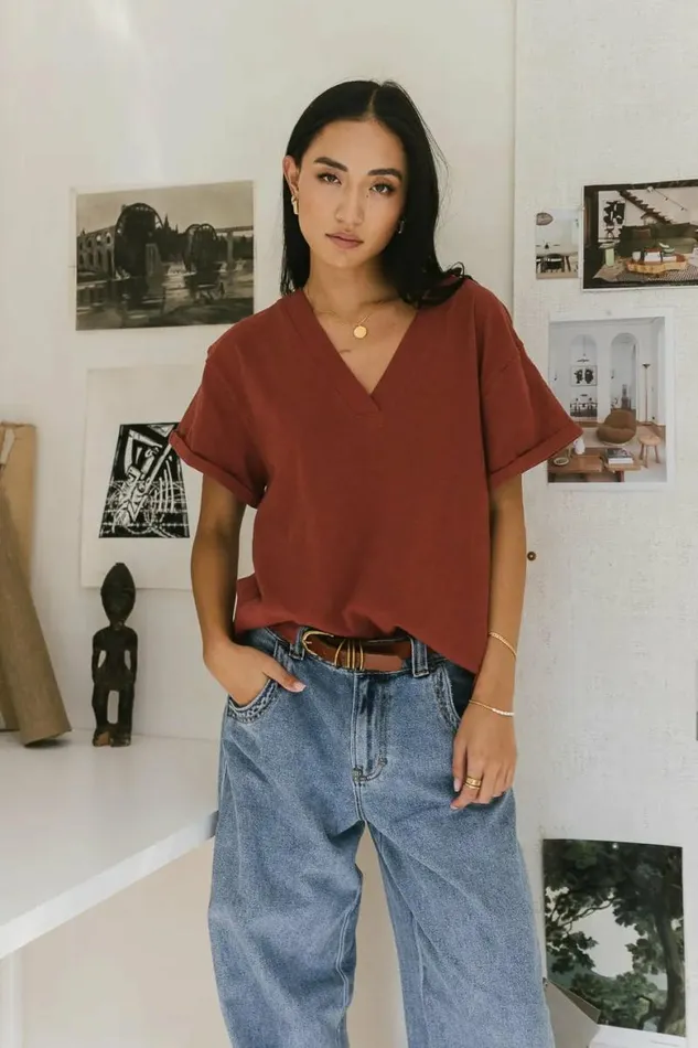 Logan Contrast Top In Brick Brick Women Bohme Tees and Tanks