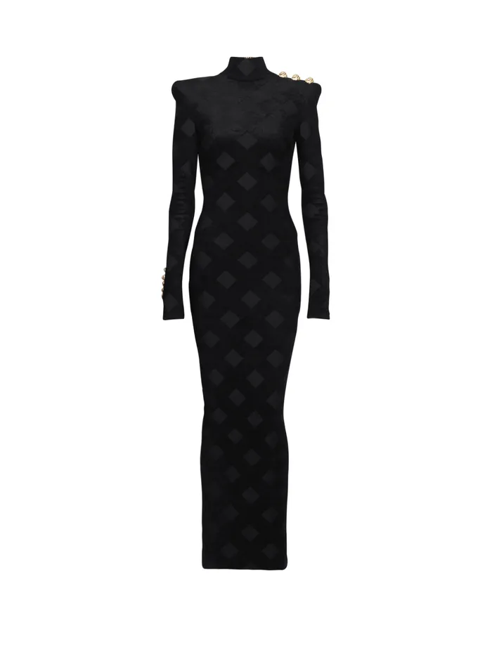 Long Gingham Boucleacute Dress Black Women Balmain Dresses