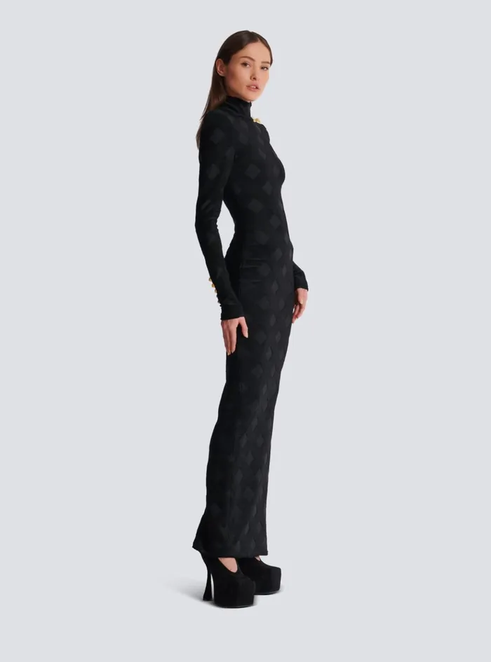 Long Gingham Boucleacute Dress Black Women Balmain Dresses