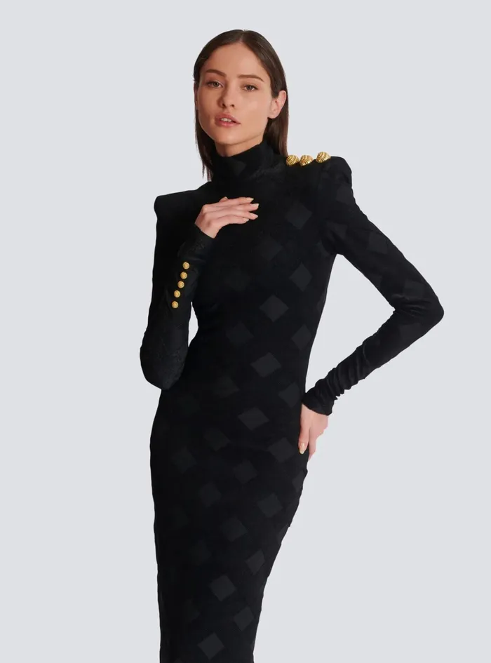 Long Gingham Boucleacute Dress Black Women Balmain Dresses