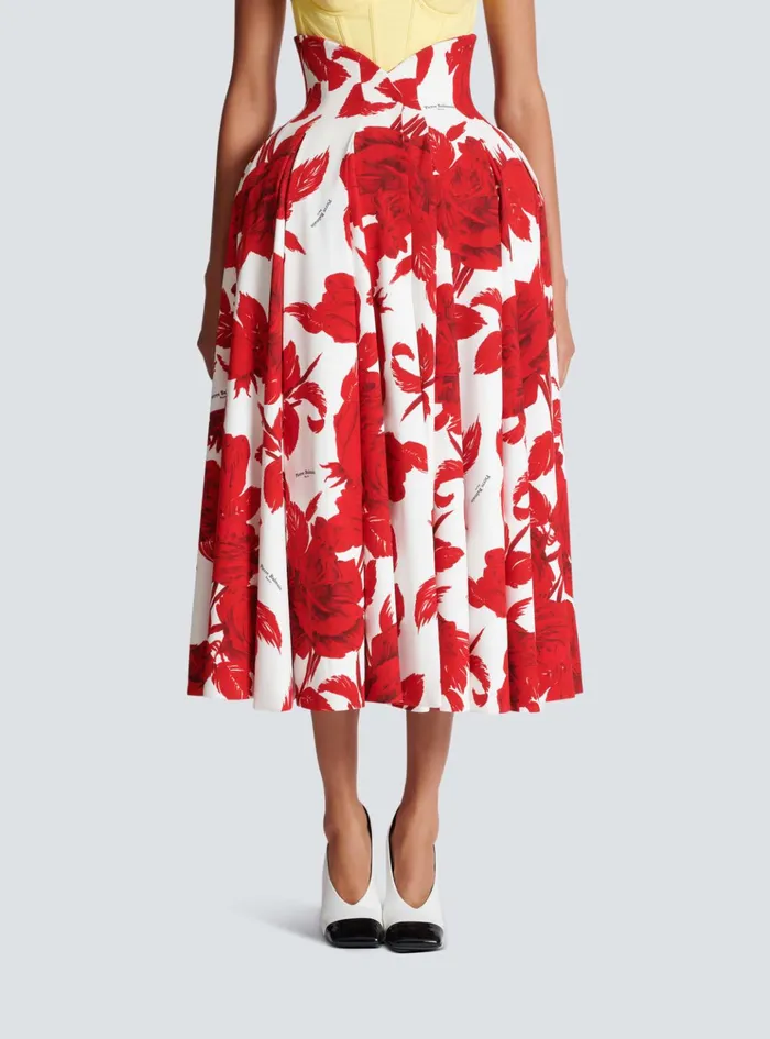 Long Pleated Crepe Tulip Skirt Red Women Balmain Skirts